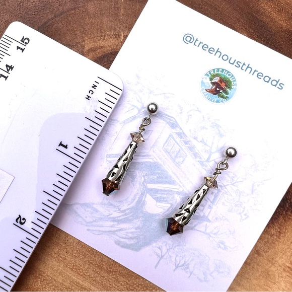 Silver and Brown Drop Dangle Crystal Bead Earrings - Picture 5 of 6